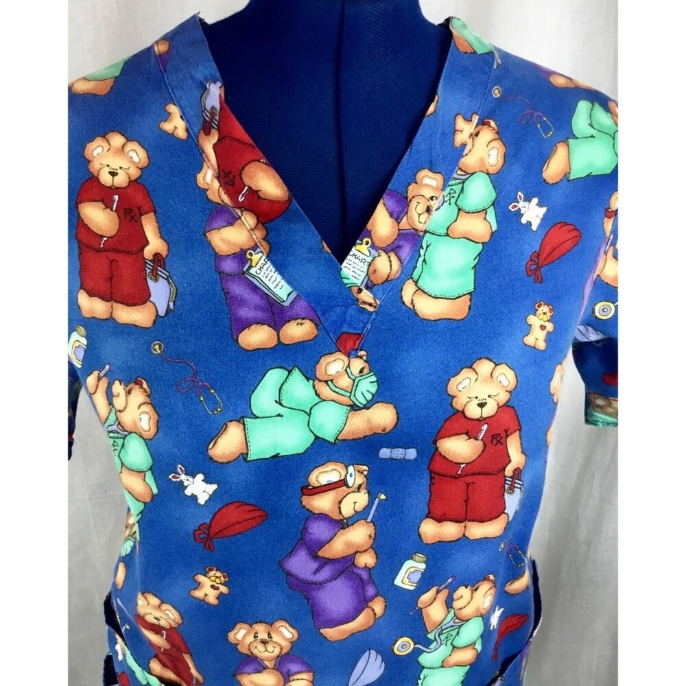 Apple Life Scrub Top Womens M Blue Bear Dr Nurse Print Medical Uniform Shirt VTG - Picture 2 of 11